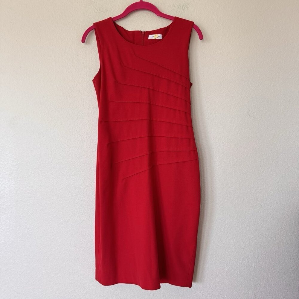 Calvin Klein Red Sheath Cocktail Christmas Dress with Boatneck Neckline Size 4